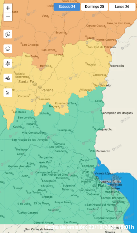 alt="Mapa del SMN con la alerta amarilla por tormentas en Entre Ríos para el sábado 24 de octubre"
