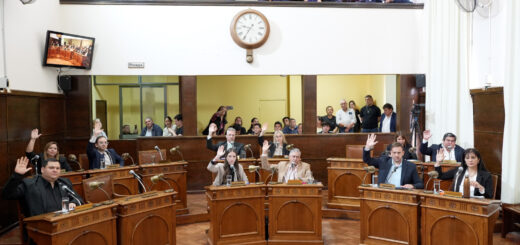 alt="Concejales de Concordia con la mano en alto durante la votación de la Ley de Grandes Superficies en Concordia, con público en la galería del recinto"