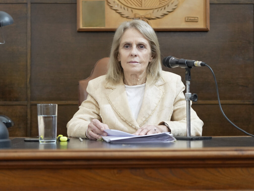 alt="Magdalena Reta de Urquiza, presidenta del Concejo Deliberante, sentada ante el micrófono durante el debate de la Ley de Grandes Superficies en Concordia"