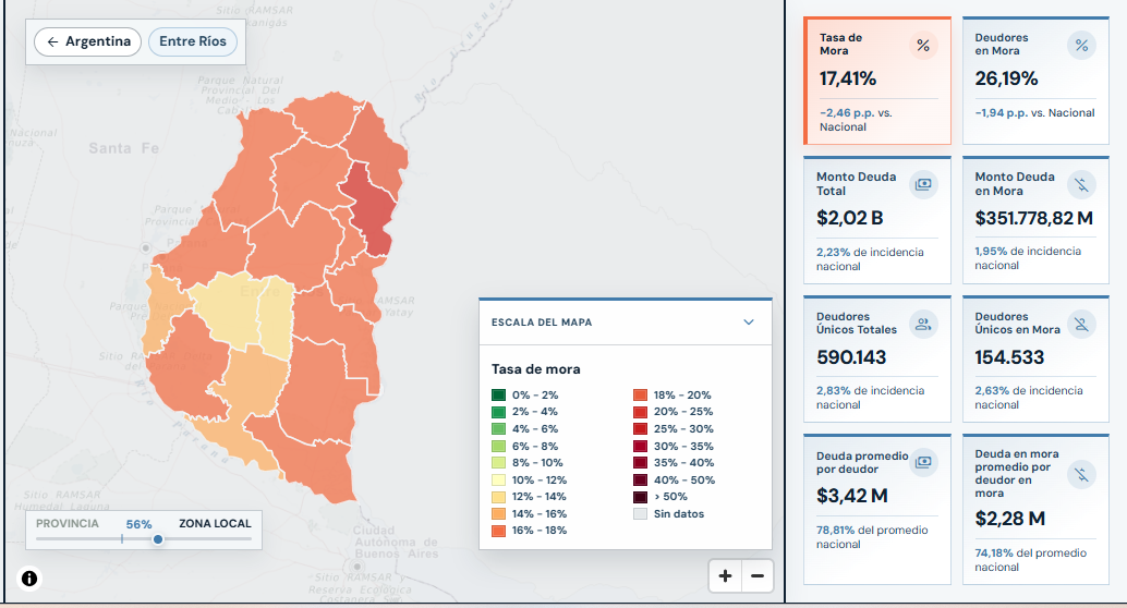 alt="Captura del Mapa de la Deuda con la mora de las familias en Entre Ríos en todas las entidades: mapa departamental y tasa de mora de 17,41%"