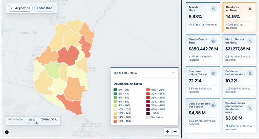 alt="Captura del Mapa de la Deuda sobre la mora de las familias en Entre Ríos con bancos públicos: mapa departamental y tasa de mora de 8,93%"