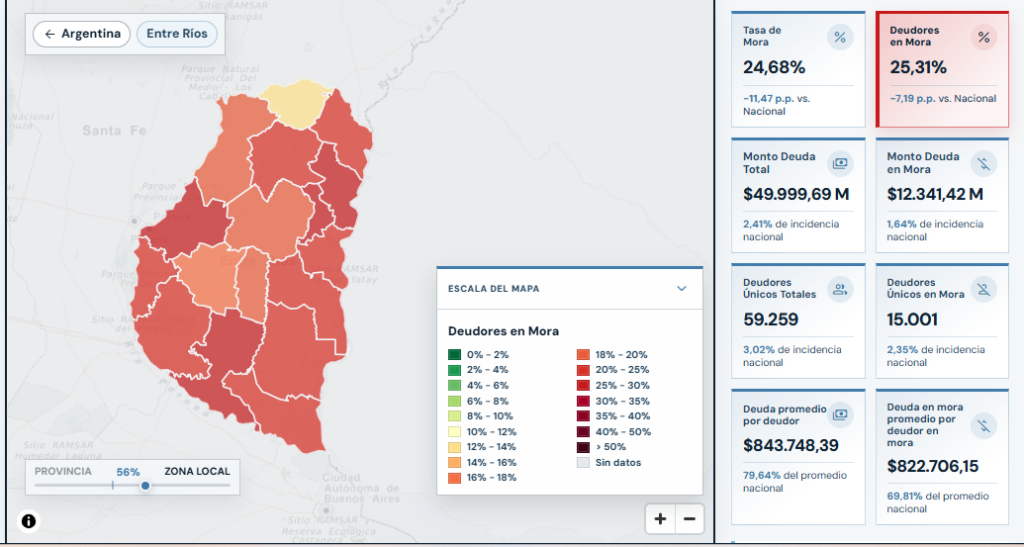 alt="Captura del Mapa de la Deuda sobre la mora de las familias en Entre Ríos con tarjetas de crédito no bancarias: mapa departamental y tasa de mora de 24,68%"