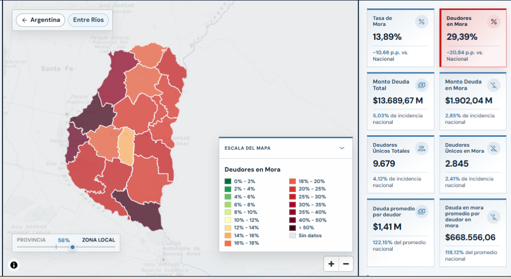 alt="Captura del Mapa de la Deuda sobre la mora de las familias en Entre Ríos con otros proveedores no financieros: mapa departamental y tasa de mora de 13,89%"