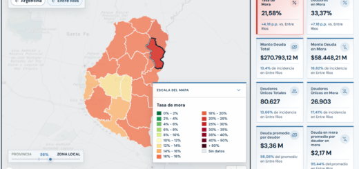 alt="Captura del Mapa de la Deuda con la mora de las familias en Concordia en todas las entidades: departamento resaltado y tasa de mora de 21,58%"