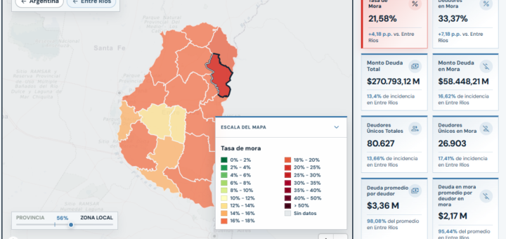 alt="Captura del Mapa de la Deuda con la mora de las familias en Concordia en todas las entidades: departamento resaltado y tasa de mora de 21,58%"