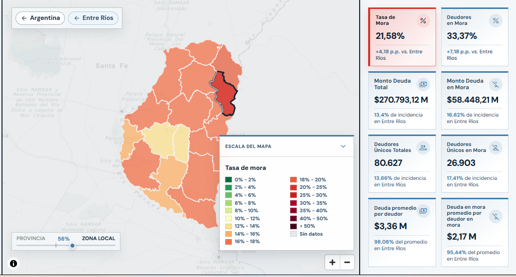 alt="Captura del Mapa de la Deuda con la mora de las familias en Concordia en todas las entidades: departamento resaltado y tasa de mora de 21,58%"