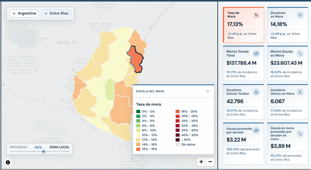 alt="Captura del Mapa de la Deuda sobre la mora de las familias en Concordia con bancos privados: departamento resaltado y tasa de mora de 17,13%"