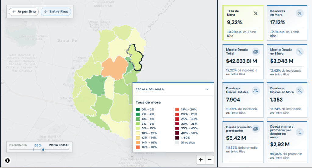 alt="Captura del Mapa de la Deuda sobre la mora de las familias en Concordia con bancos públicos: departamento resaltado y tasa de mora de 9,22%"