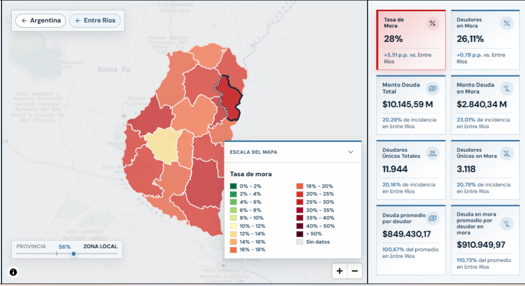 alt="Captura del Mapa de la Deuda sobre la mora de las familias en Concordia con tarjetas de crédito no bancarias: departamento resaltado y tasa de mora de 28%"