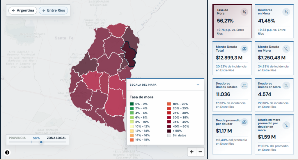 alt="Captura del Mapa de la Deuda sobre la mora de las familias en Concordia con cadenas de comercios: departamento resaltado en los tramos más altos y tasa de mora de 56,21%"