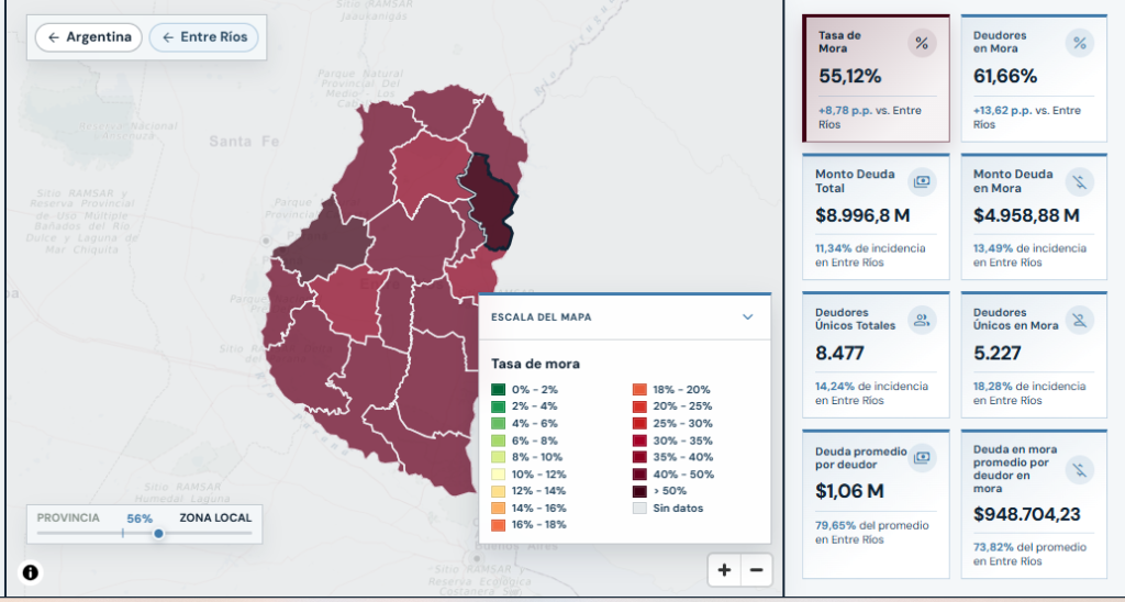 alt="Captura del Mapa de la Deuda sobre la mora de las familias en Concordia con financieras de cuotas: departamento resaltado en los tramos más altos y tasa de mora de 55,12%"