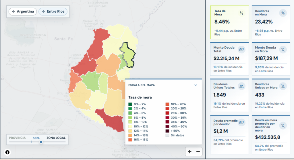 alt="Captura del Mapa de la Deuda sobre la mora de las familias en Concordia con otros proveedores no financieros: departamento resaltado y tasa de mora de 8,45%"